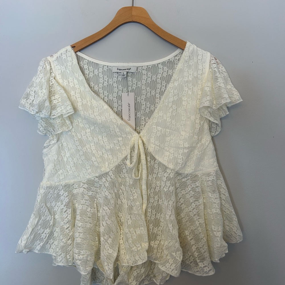 Francesca’s Ivory Lace Tie-Front Blouse Women’s Large